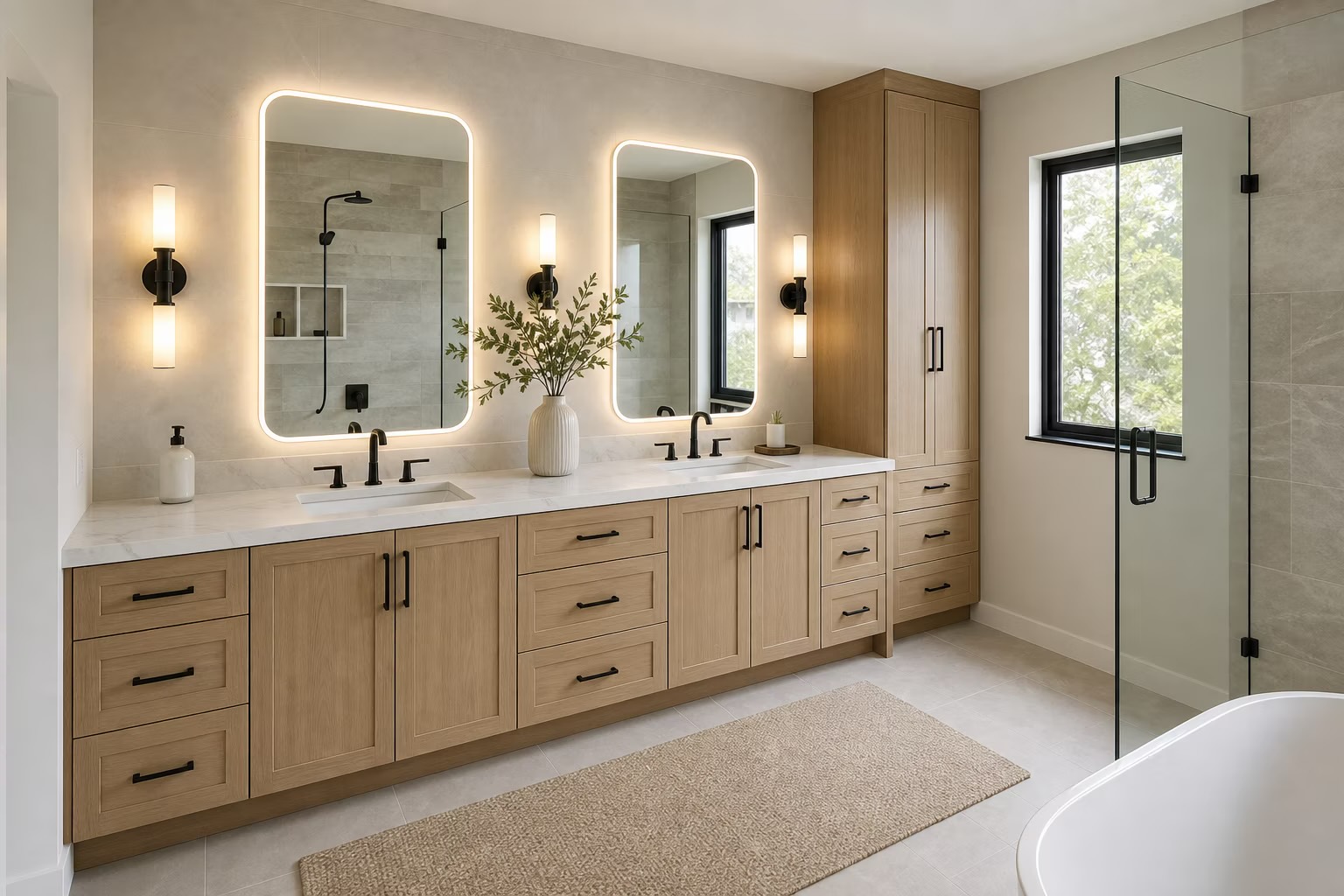 Bathroom vanity project with custom wood storage and stone countertop