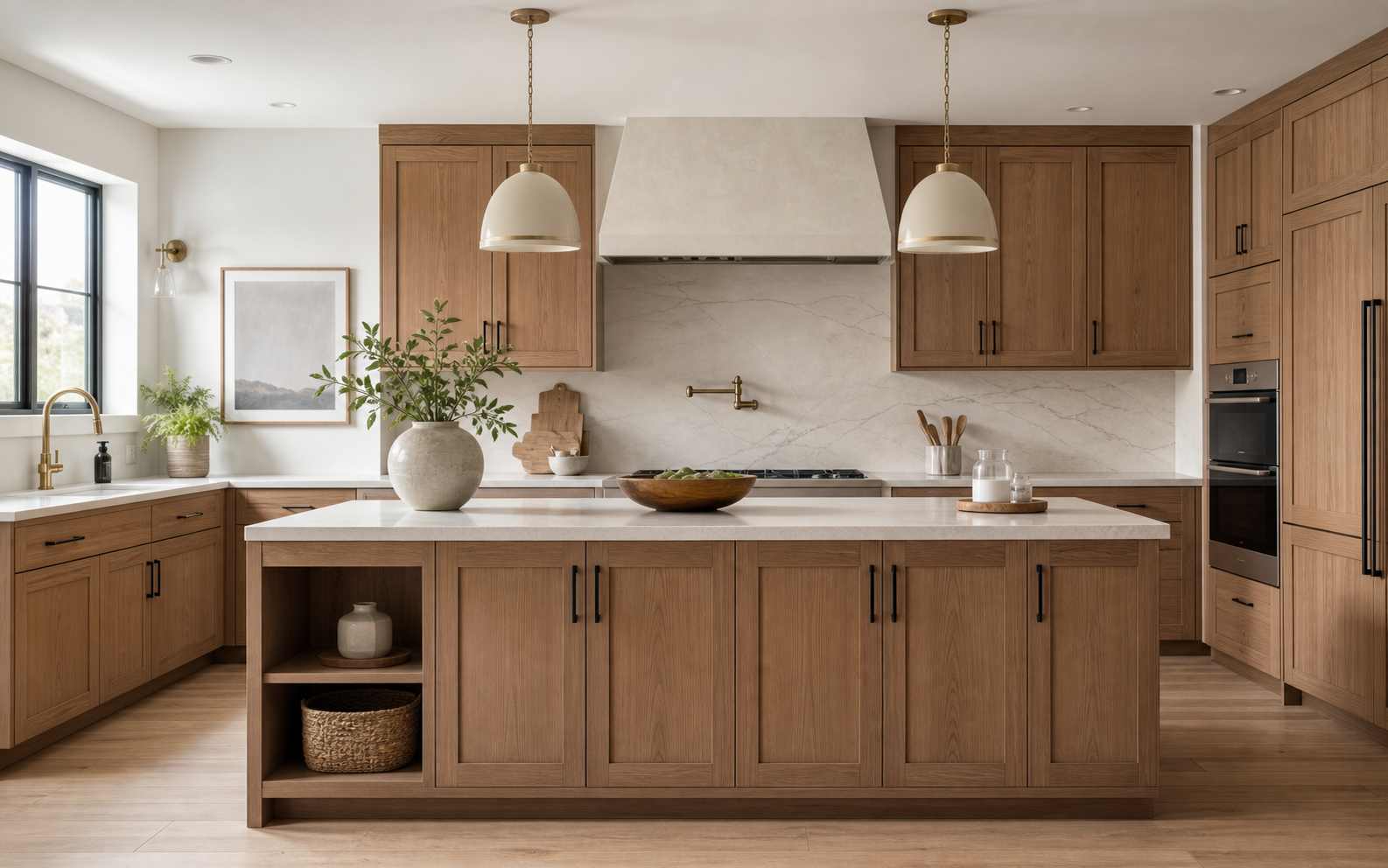 Warm residential kitchen with wood cabinet wall and island storage