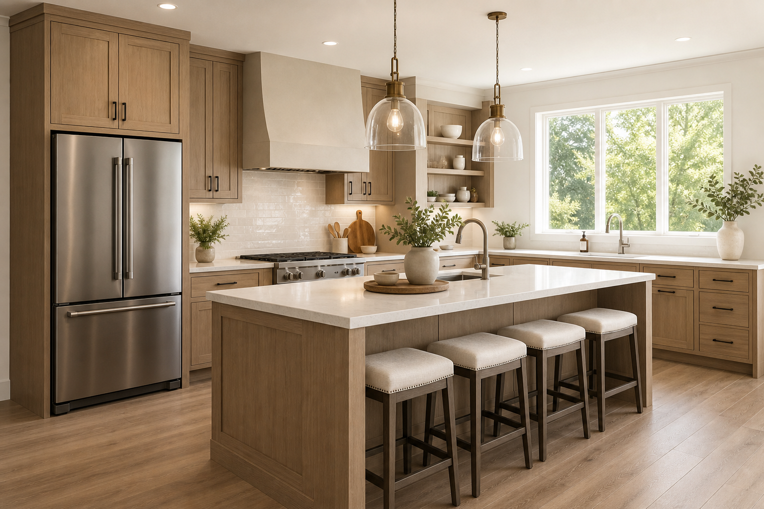 Finished kitchen cabinet project with warm wood cabinetry